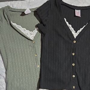 Women's Button-Up Ribbed Tops - Black and Green